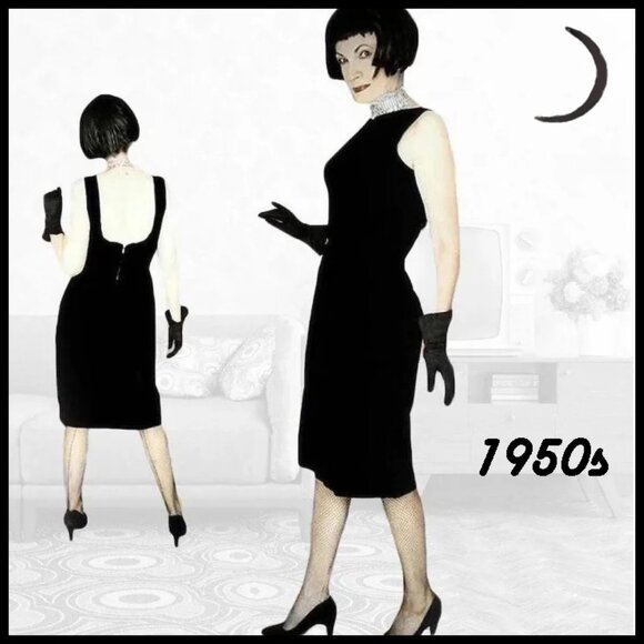 Black Velvet Dress Vintage 1950s Boat Neckline 50s Minimalist Sheath  Low Back - Picture 1 of 16